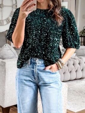 Dark Green Speckled sequins Puff-Sleeve Knit Top🚌